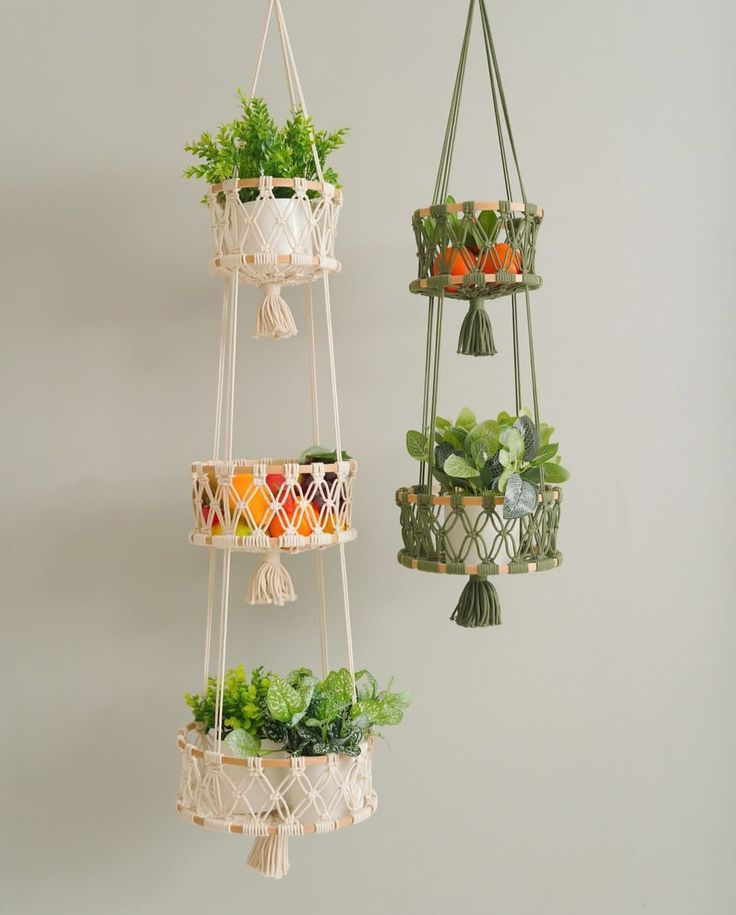 Macramé Hanging Basket – Handmade Woven Plant & Fruit Organizer (1–3 Tier Options)