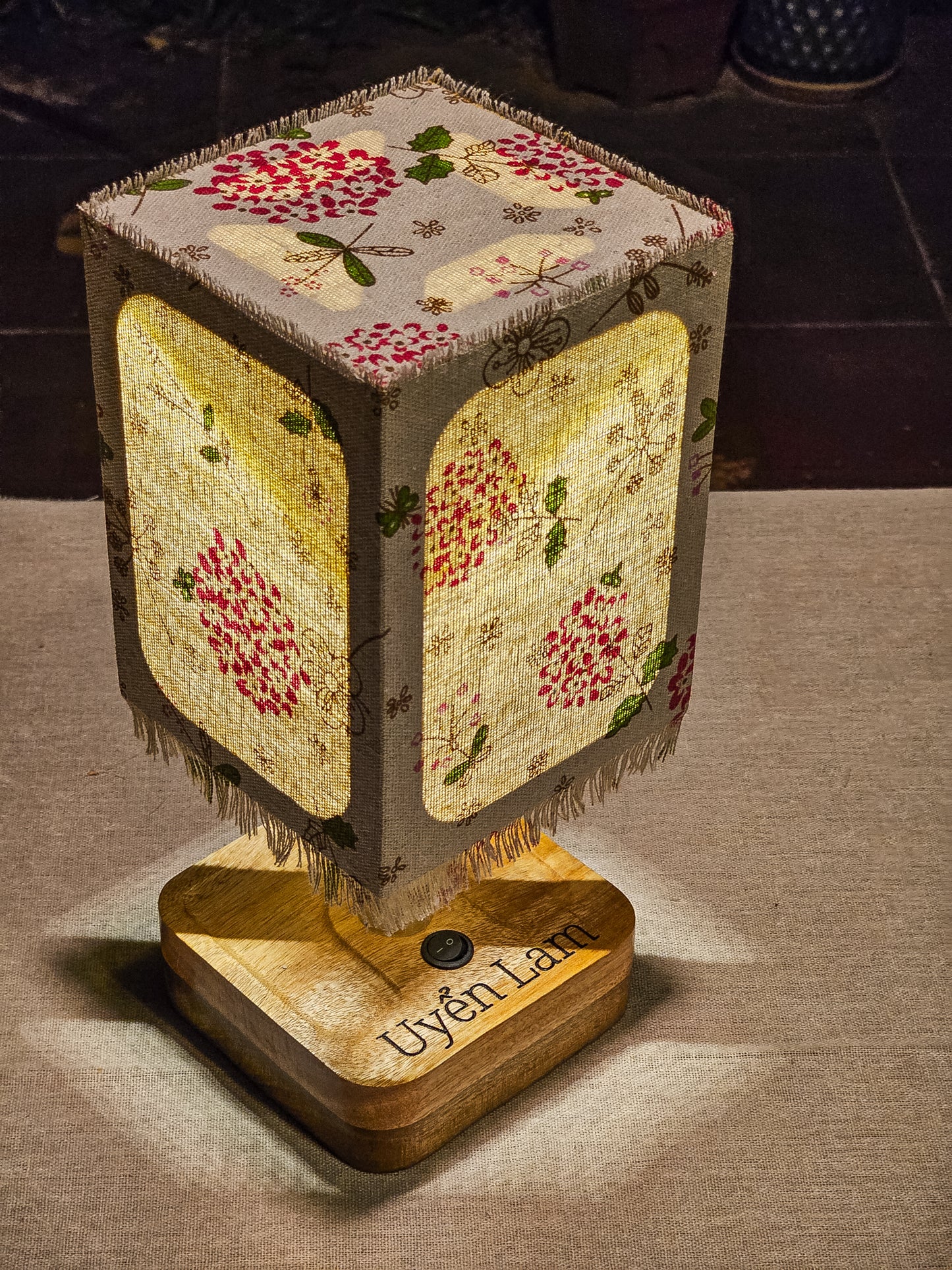 Lux Annam Floral Cube Lamp – Handcrafted Fabric & Pearlwood Wooden Light