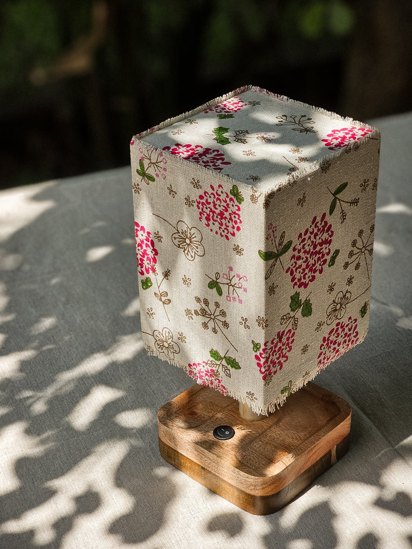 Lux Annam Floral Cube Lamp – Handcrafted Fabric & Pearlwood Wooden Light