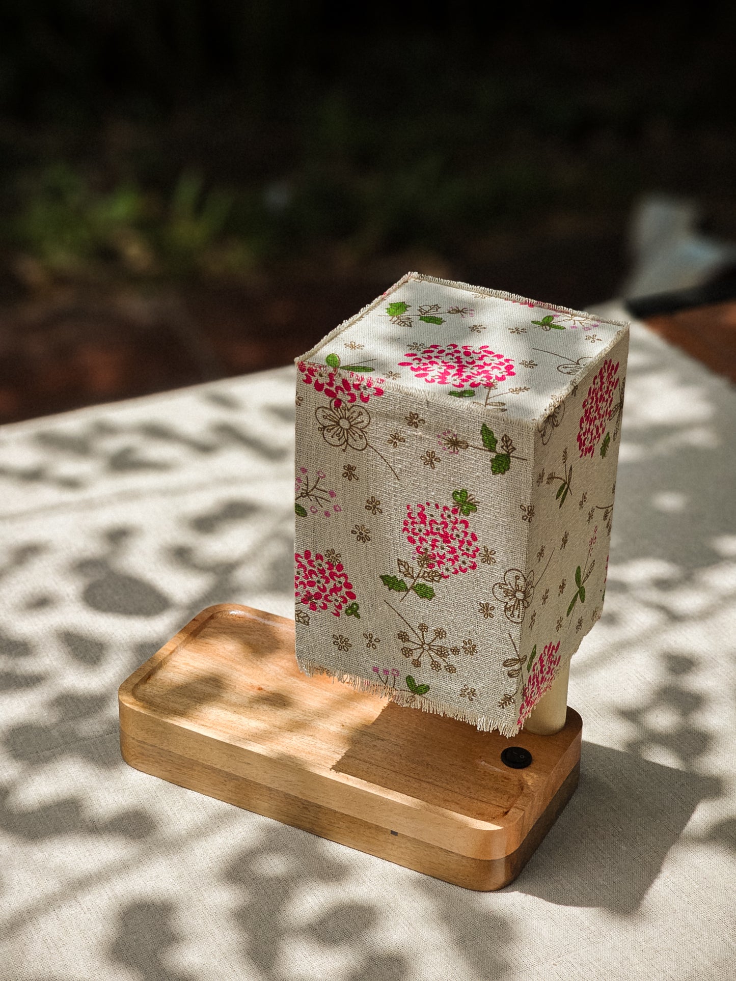 Lux Annam Floral Cube Lamp – Handcrafted Fabric & Pearlwood Wooden Light