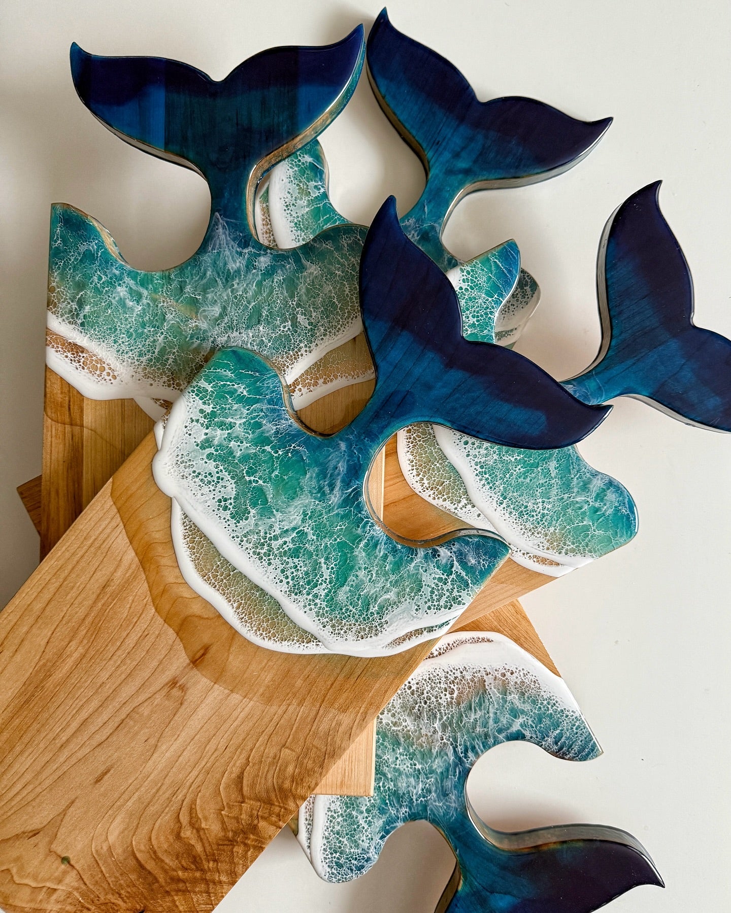 Kaiyo Ocean Wave Resin Wood Cutting Board with Fish Tail Handle (Handcrafted, Premium Gift)