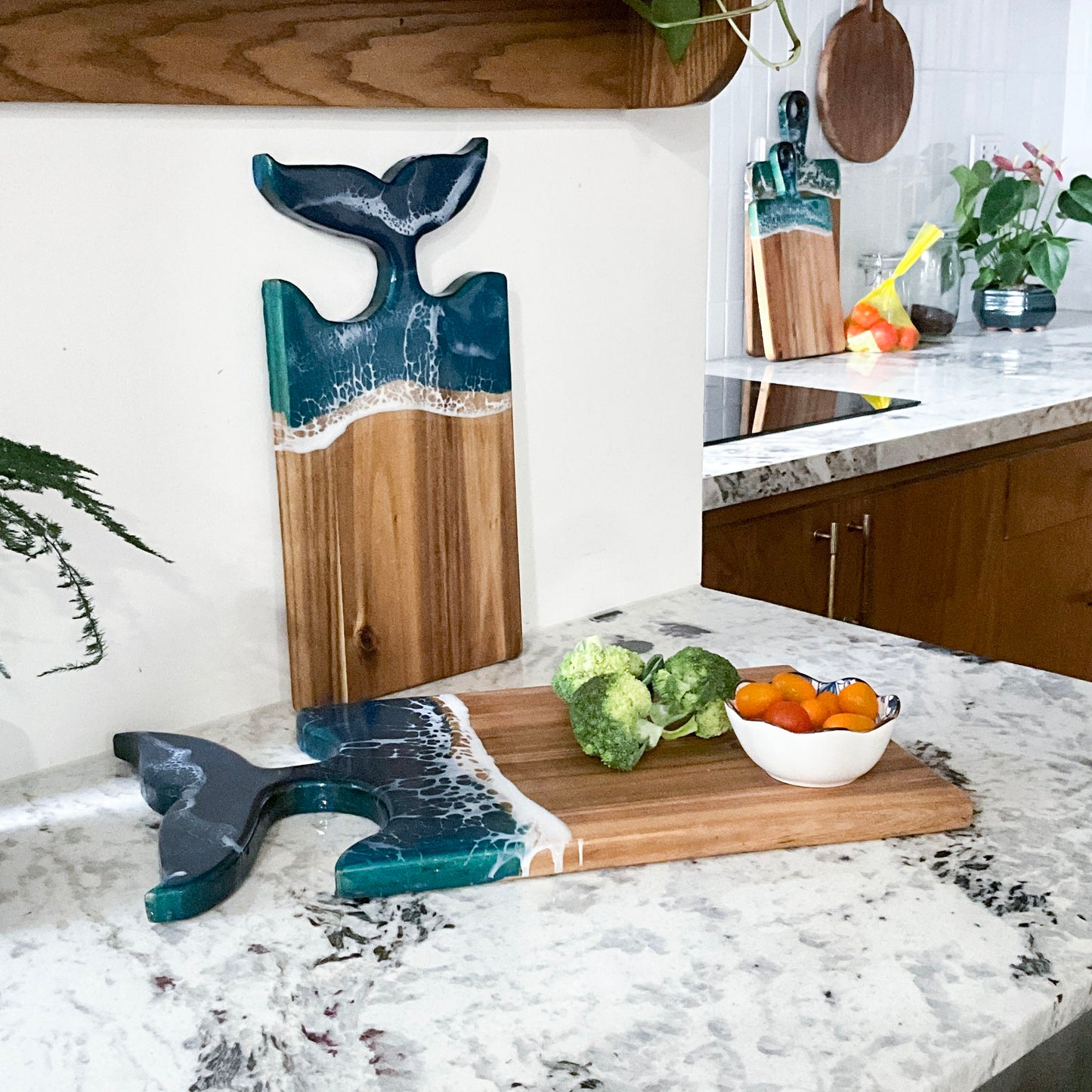 Kaiyo Ocean Wave Resin Wood Cutting Board with Fish Tail Handle (Handcrafted, Premium Gift)