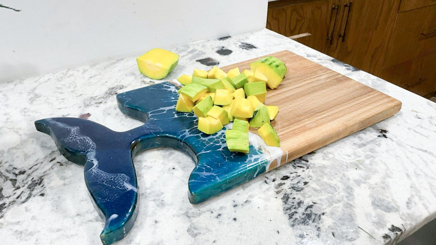 Kaiyo Ocean Wave Resin Wood Cutting Board with Fish Tail Handle (Handcrafted, Premium Gift)