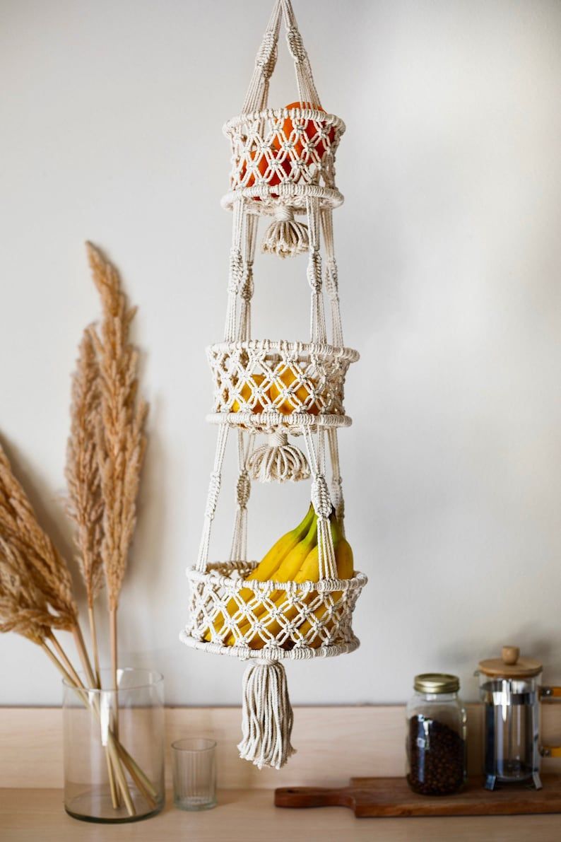 Macramé Hanging Basket – Handmade Woven Plant & Fruit Organizer (1–3 Tier Options)