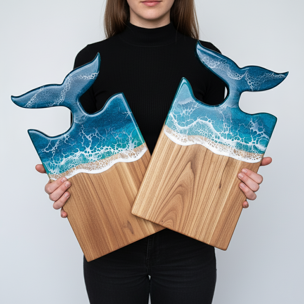 Kaiyo Ocean Wave Resin Wood Cutting Board with Fish Tail Handle (Handcrafted, Premium Gift)