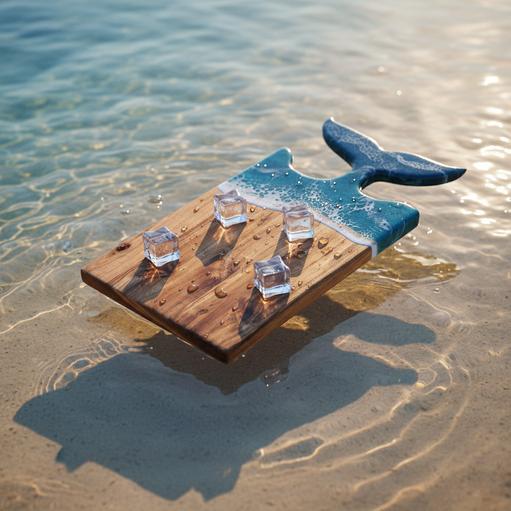 Kaiyo Ocean Wave Resin Wood Cutting Board with Fish Tail Handle (Handcrafted, Premium Gift)