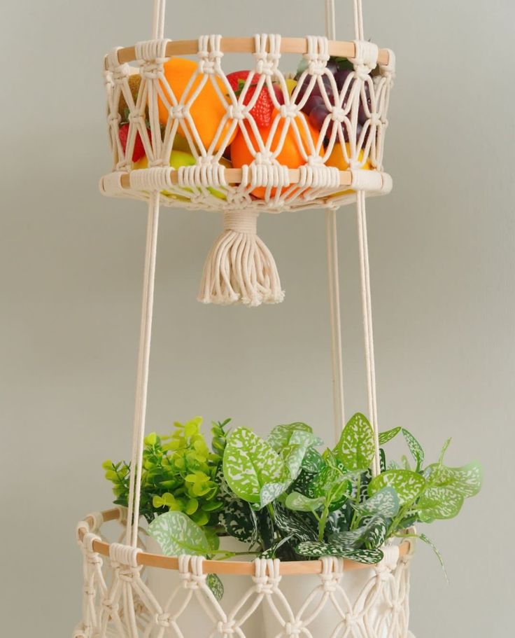 Macramé Hanging Basket – Handmade Woven Plant & Fruit Organizer (1–3 Tier Options)