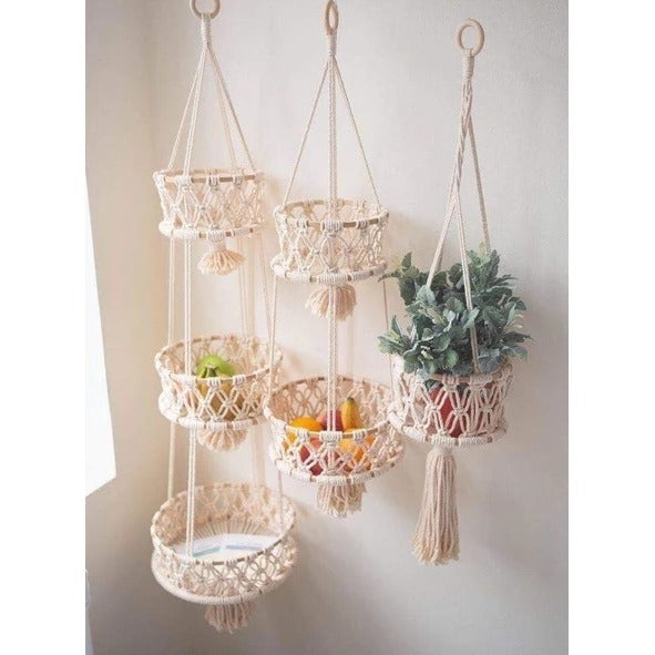 Macramé Hanging Basket – Handmade Woven Plant & Fruit Organizer (1–3 Tier Options)