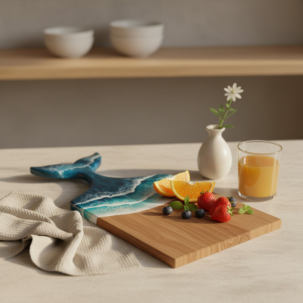 Kaiyo Ocean Wave Resin Wood Cutting Board with Fish Tail Handle (Handcrafted, Premium Gift)