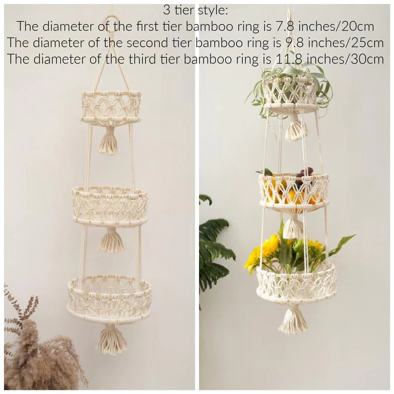 Macramé Hanging Basket – Handmade Woven Plant & Fruit Organizer (1–3 Tier Options)