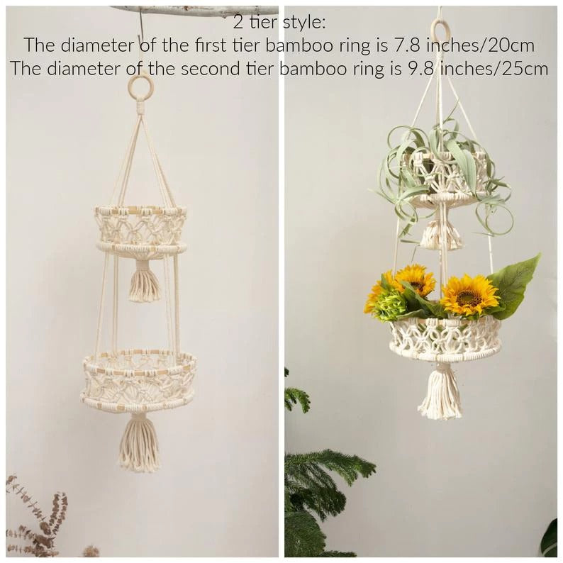 Macramé Hanging Basket – Handmade Woven Plant & Fruit Organizer (1–3 Tier Options)