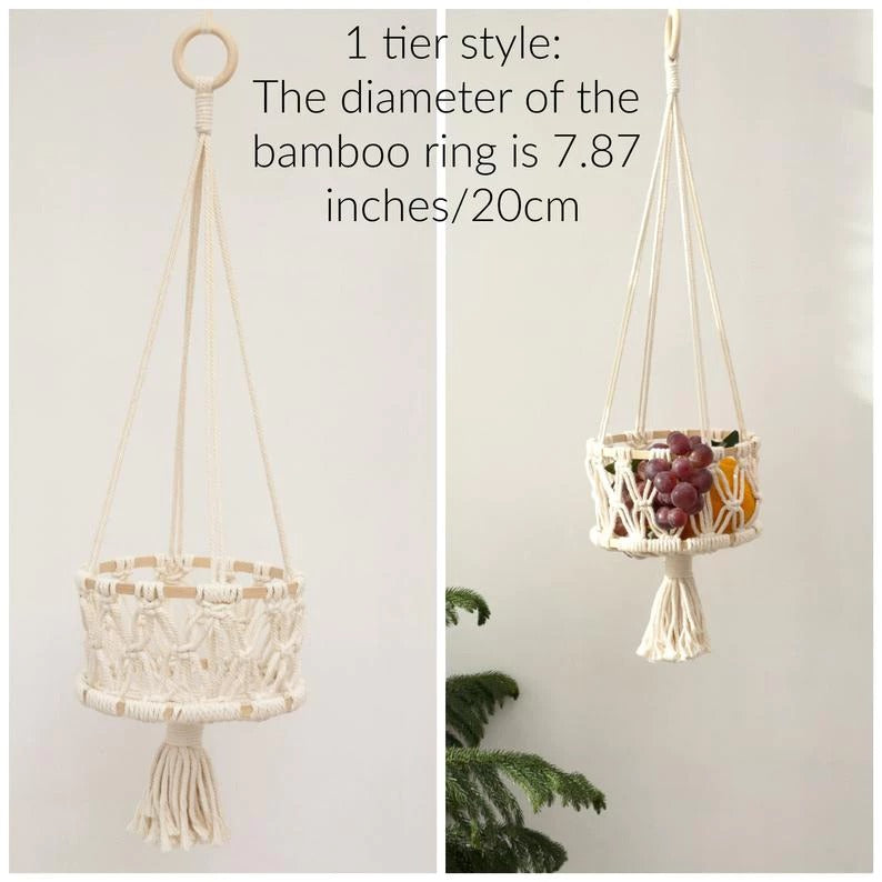 Macramé Hanging Basket – Handmade Woven Plant & Fruit Organizer (1–3 Tier Options)