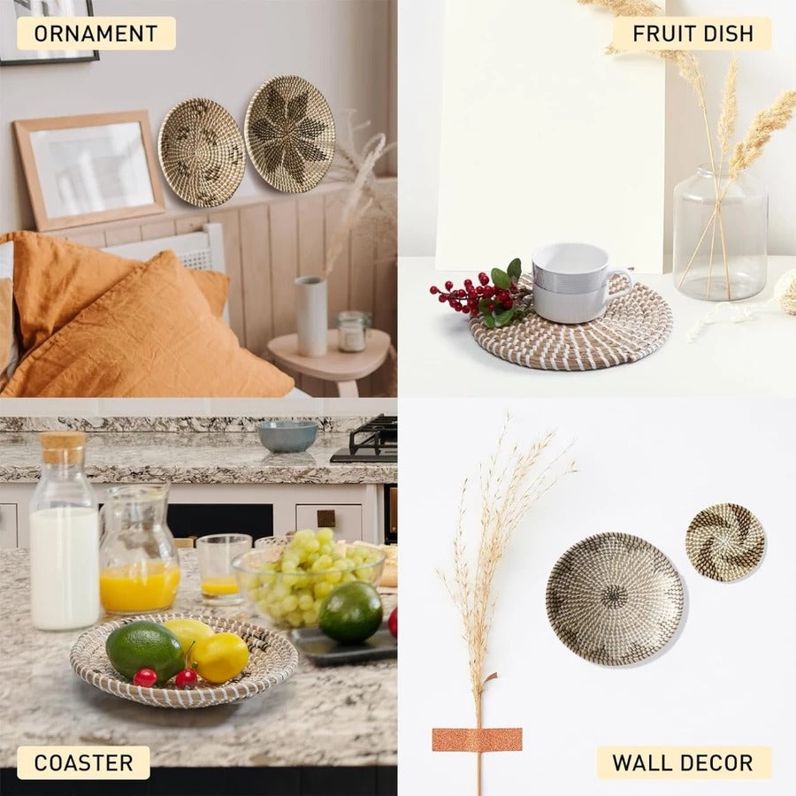 Handwoven Boho Wall Plate Set (Natural Seagrass Wall Décor, 7 Pieces)