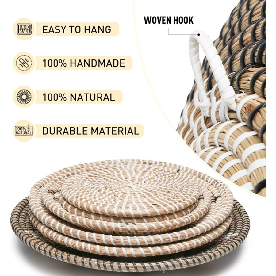 Handwoven Boho Wall Plate Set (Natural Seagrass Wall Décor, 7 Pieces)