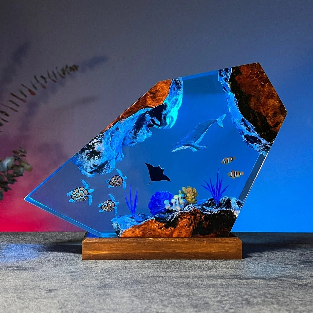 Ocean Polygon Epoxy Resin Lamp – Handcrafted Crystal Art Light