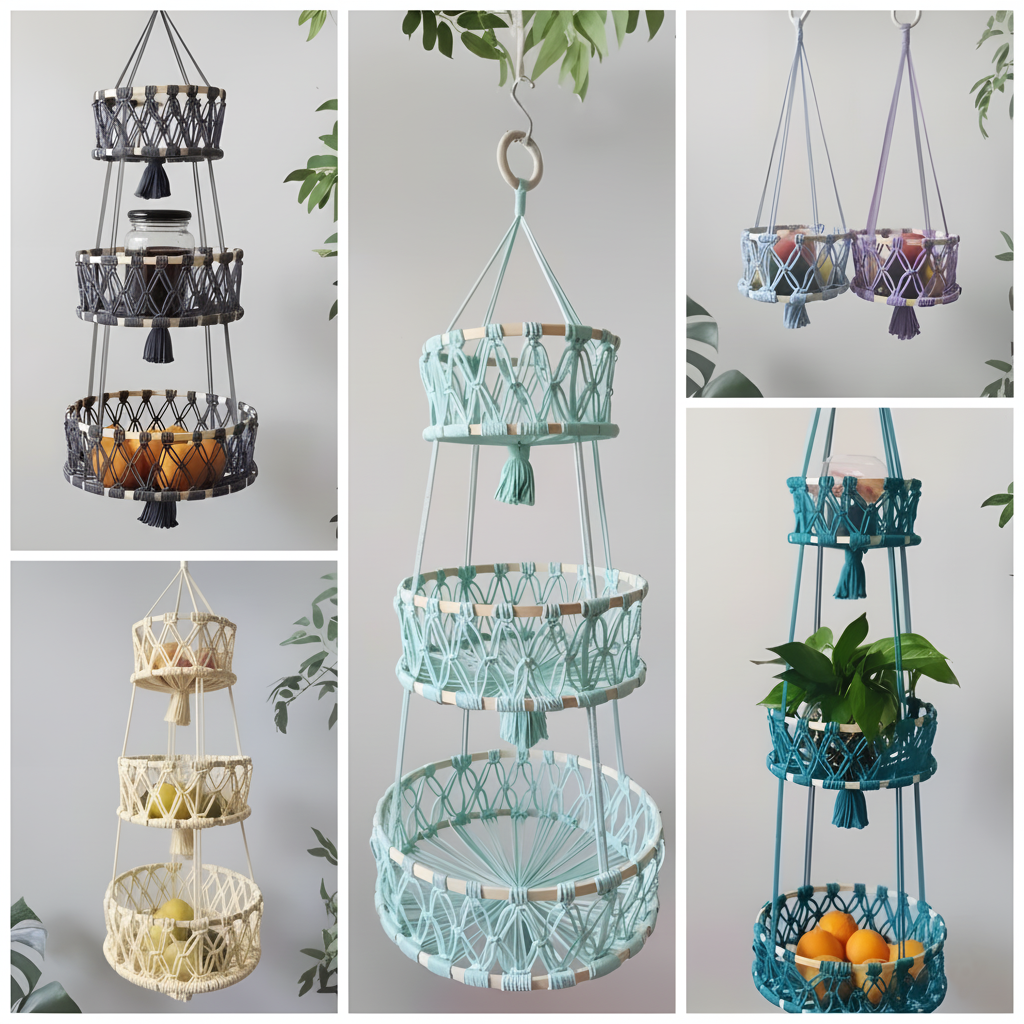Macramé Hanging Basket – Handmade Woven Plant & Fruit Organizer (1–3 Tier Options)