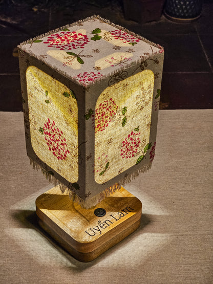 Lux Annam Floral Cube Lamp – Handcrafted Fabric & Pearlwood Wooden Light