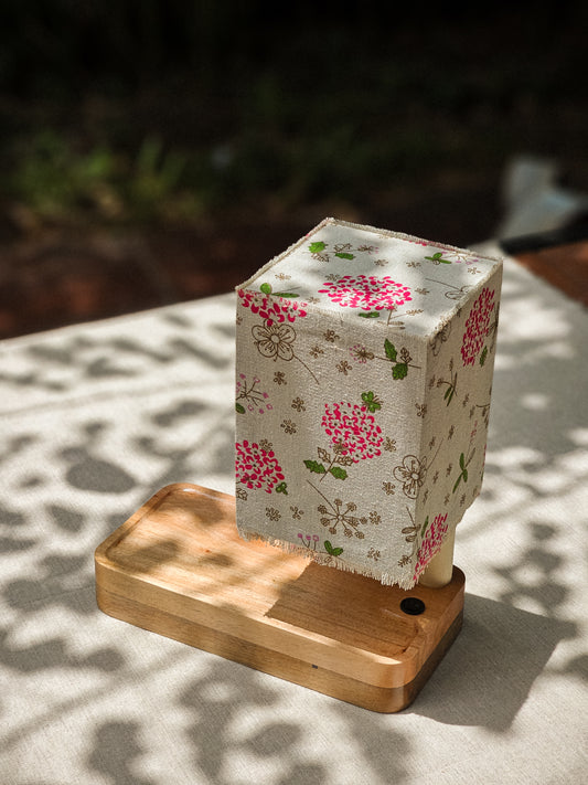Lux Annam Floral Cube Lamp – Handcrafted Fabric & Pearlwood Wooden Light
