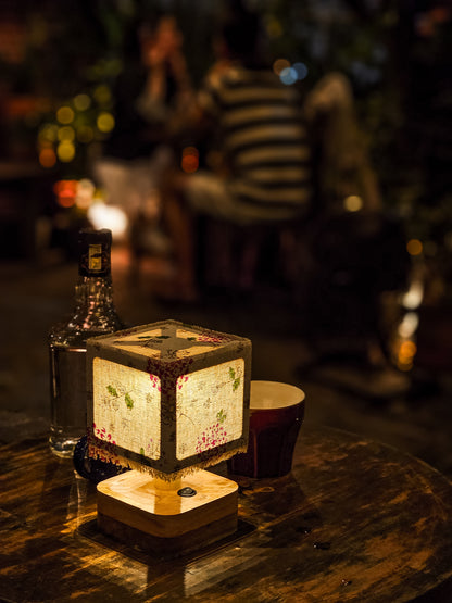 Lux Annam Floral Cube Lamp – Handcrafted Fabric & Pearlwood Wooden Light