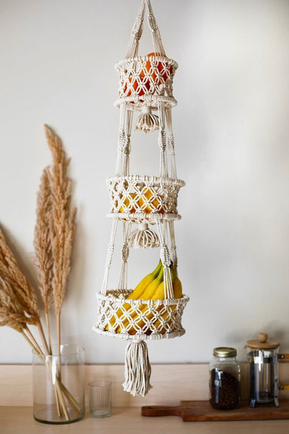 Macramé Hanging Basket – Handmade Woven Plant & Fruit Organizer (1–3 Tier Options)