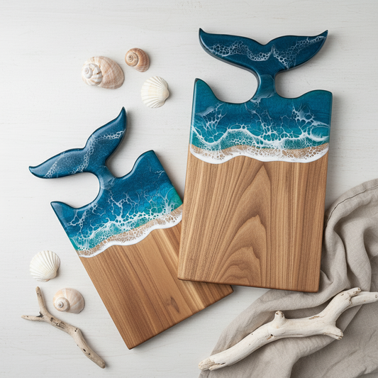 Kaiyo Ocean Wave Resin Wood Cutting Board with Fish Tail Handle (Handcrafted, Premium Gift)