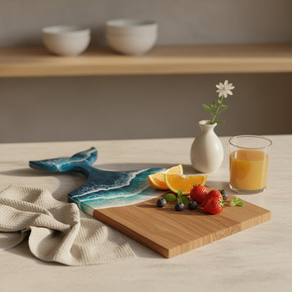 Kaiyo Ocean Wave Resin Wood Cutting Board with Fish Tail Handle (Handcrafted, Premium Gift)