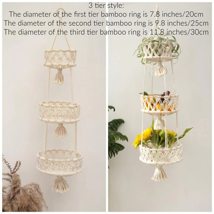 Macramé Hanging Basket – Handmade Woven Plant & Fruit Organizer (1–3 Tier Options)