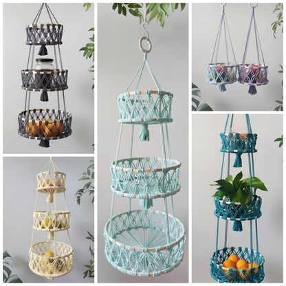 Macramé Hanging Basket – Handmade Woven Plant & Fruit Organizer (1–3 Tier Options)